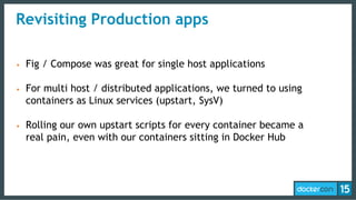 • Fig / Compose was great for single host applications
• For multi host / distributed applications, we turned to using
containers as Linux services (upstart, SysV)
• Rolling our own upstart scripts for every container became a
real pain, even with our containers sitting in Docker Hub
Revisiting Production apps
 