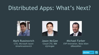 Distributed Apps: What’s Next?
Michael Farber
EVP Innovation, Booz-Allen
@BoozAllen
Jason McGee
Cloud CTO, IBM
@jrmcgee
Mark Russinovich
CTO, Microsoft Azure
@markrussinovich
 