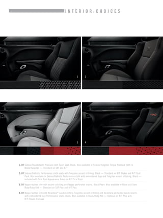 2 
1 
INTERIOR:CHOICES 
3 
4 
1 //// Sedoso/Houndstooth Premium cloth Sport seat. Black. Also available in Sedoso/Tungsten Torque Premium cloth in 
Black/Tungsten — Standard on SXT and R/T 
2 //// Sedoso/Ballistic Performance cloth seats with Tungsten accent stitching. Black — Standard on R/T Shaker and R/T Scat Pack. Also available in Sedoso/Ballistic Performance cloth with embroidered logo and Tungsten accent stitching. Black — included with Scat Pack Appearance Group on R/T Scat Pack 
3 //// Nappa leather trim with accent stitching and Nappa perforated inserts. Black/Pearl. Also available in Black and Dark 
Ruby/Ruby Red — Standard on SXT Plus and R/T Plus 
4 //// Nappa leather trim with Alcantara® suede bolsters, Tungsten accent stitching and Alcantara perforated suede inserts 
with embroidered logo Performance seats. Black. Also available in Black/Ruby Red — Optional on R/T Plus with 
R/T Classic Package  