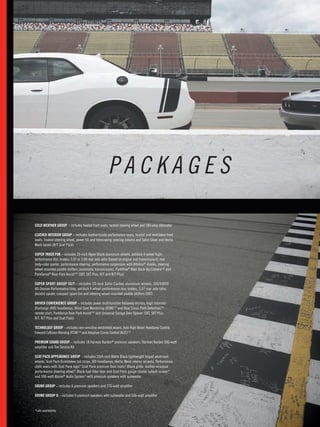 Page 49 
COLD WEATHER GROUP – includes heated front seats, heated steering wheel and 180-amp alternator 
LEATHER INTERIOR GROUP – includes leather/suede performance seats, heated and ventilated front seats, heated steering wheel, power tilt and telescoping steering column and Satin Silver and Hectic Mesh bezels (R/T Scat Pack) 
SUPER TRACK PAK – includes 20-inch Hyper Black aluminum wheels, antilock 4-wheel high- performance disc brakes, 3.07 or 3.90 rear axle ratio (based on engine and transmission), rear body-color spoiler, performance steering, performance suspension with Bilstein®shocks, steering wheel-mounted paddle shifters (automatic transmission), ParkView® Rear Back-Up Camera[16] and ParkSense® Rear Park Assist[16] (SXT, SXT Plus, R/T and R/T Plus) 
SUPER SPORT GROUP SS/T – includes 20-inch Satin Carbon aluminum wheels, 245/45R20 
All-Season Performance tires, antilock 4-wheel performance disc brakes, 3.07 rear axle ratio, 
decklid spoiler, compact spare tire and steering wheel-mounted paddle shifters (SXT) 
DRIVER CONVENIENCE GROUP – includes power multifunction foldaway mirrors, High Intensity Discharge (HID) headlamps, Blind Spot Monitoring (BSM)[17] and Rear Cross-Path Detection,[16] 
remote start, ParkSense Rear Park Assist[16] and Universal Garage Door Opener (SXT, SXT Plus, 
R/T, R/T Plus and Scat Pack) 
TECHNOLOGY GROUP – includes rain-sensitive windshield wipers, Auto High-Beam Headlamp Control, Forward Collision Warning (FCW)[14] and Adaptive Cruise Control (ACC)[15] 
PREMIUM SOUND GROUP – includes 18 Harman Kardon® premium speakers, Harman Kardon 900-watt amplifier and Tire Service Kit 
SCAT PACK APPEARANCE GROUP – includes 20x9-inch Matte Black lightweight forged aluminum wheels, Scat Pack Bumblebee tail stripe, HID headlamps, Hectic Mesh interior accents, Performance cloth seats with Scat Pack logo,* Scat Pack premium floor mats,* Black grille, leather-wrapped performance steering wheel,* Black fuel-filler door and Scat Pack gauge cluster splash screen,* 
and 506-watt Alpine® Audio System* with premium speakers with subwoofer 
SOUND GROUP – includes 6 premium speakers and 276-watt amplifier 
SOUND GROUP II – includes 9 premium speakers with subwoofer and 506-watt amplifier 
PACKAGES 
*Late availability.  