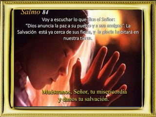 Salmo 84
Voy a escuchar lo que dice el Señor:
“Dios anuncia la paz a su pueblo y a sus amigos”. La
Salvación está ya cerca de sus fieles, y la gloria habitará en
nuestra tierra.
Muéstranos, Señor, tu misericordia
y danos tu salvación.
 