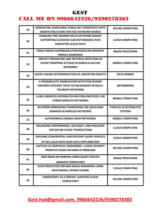 GEST
CALL ME ON 9966642226/9390278303
29.
GENERATING SEARCHABLE PUBLIC-KEY CIPHERTEXTS WITH
HIDDEN STRUCTURES FOR FAST KEYWORD SEARCH
SECURE COMPUTING
30.
ENABLING FINE-GRAINED MULTI-KEYWORD SEARCH
SUPPORTING CLASSIFIED SUB-DICTIONARIES OVER
ENCRYPTED CLOUD DATA
CLOUD COMPUTING
31.
SINGLE IMAGE SUPERRESOLUTION BASED ON GRADIENT
PROFILE SHARPNESS
IMAGE PROCESSING
32.
PRIVACY-PRESERVING AND TRUTHFUL DETECTION OF
PACKET DROPPING ATTACKS IN WIRELESS AD HOC
NETWORKS
MOBILE COMPUTING
33. QUERY AWARE DETERMINIZATION OF UNCERTAIN OBJECTS DATA MINING
34.
A PROBABILISTIC MISBEHAVIOR DETECTION SCHEME
TOWARDS EFFICIENT TRUST ESTABLISHMENT IN DELAY-
TOLERANT NETWORKS
NETWORKING
35.
A QOS-ORIENTED DISTRIBUTED ROUTING PROTOCOL FOR
HYBRID WIRELESS NETWORKS
MOBILE COMPUTING
36.
AN ERROR-MINIMIZING FRAMEWORK FOR LOCALIZING
JAMMERS IN WIRELESS NETWORKS
PARALLEL & DISTRIBUTED
SYSTEMS
37. AUTONOMOUS MOBILE MESH NETWORKS MOBILE COMPUTING
38.
BALANCING PERFORMANCE, ACCURACY, AND PRECISION
FOR SECURE CLOUD TRANSACTIONS
CLOUD COMPUTING
39.
BUILDING CONFIDENTIAL AND EFFICIENT QUERY SERVICES
IN THE CLOUD WITH RASP DATA PERTURBATION
CLOUD COMPUTING
40.
CAPTCHA AS GRAPHICAL PASSWORDS—A NEW SECURITY
PRIMITIVE BASED ON HARD AI PROBLEMS
SECURE COMPUTING
41.
WEB IMAGE RE-RANKING USING QUERY-SPECIFIC
SEMANTIC SIGNATURES
IMAGE PROCESSING
42.
CLICK PREDICTION FOR WEB IMAGE RERANKING USING
MULTIMODAL SPARSE CODING
CLOUD COMPUTING
43.
CONSISTENCY AS A SERVICE: AUDITING CLOUD
CONSISTENCY
SECURE COMPUTING
Gest.hyd@gmail.com, 9966642226/9390278303
 