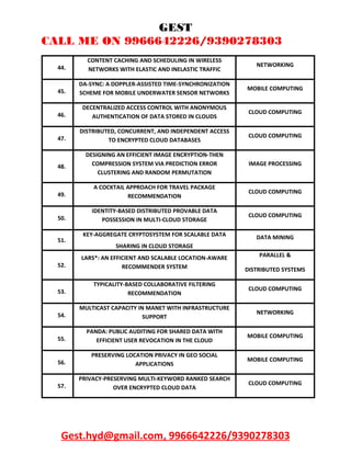 GEST
CALL ME ON 9966642226/9390278303
44.
CONTENT CACHING AND SCHEDULING IN WIRELESS
NETWORKS WITH ELASTIC AND INELASTIC TRAFFIC
NETWORKING
45.
DA-SYNC: A DOPPLER-ASSISTED TIME-SYNCHRONIZATION
SCHEME FOR MOBILE UNDERWATER SENSOR NETWORKS
MOBILE COMPUTING
46.
DECENTRALIZED ACCESS CONTROL WITH ANONYMOUS
AUTHENTICATION OF DATA STORED IN CLOUDS
CLOUD COMPUTING
47.
DISTRIBUTED, CONCURRENT, AND INDEPENDENT ACCESS
TO ENCRYPTED CLOUD DATABASES
CLOUD COMPUTING
48.
DESIGNING AN EFFICIENT IMAGE ENCRYPTION-THEN
COMPRESSION SYSTEM VIA PREDICTION ERROR
CLUSTERING AND RANDOM PERMUTATION
IMAGE PROCESSING
49.
A COCKTAIL APPROACH FOR TRAVEL PACKAGE
RECOMMENDATION
CLOUD COMPUTING
50.
IDENTITY-BASED DISTRIBUTED PROVABLE DATA
POSSESSION IN MULTI-CLOUD STORAGE
CLOUD COMPUTING
51.
KEY-AGGREGATE CRYPTOSYSTEM FOR SCALABLE DATA
SHARING IN CLOUD STORAGE
DATA MINING
52.
LARS*: AN EFFICIENT AND SCALABLE LOCATION-AWARE
RECOMMENDER SYSTEM
PARALLEL &
DISTRIBUTED SYSTEMS
53.
TYPICALITY-BASED COLLABORATIVE FILTERING
RECOMMENDATION
CLOUD COMPUTING
54.
MULTICAST CAPACITY IN MANET WITH INFRASTRUCTURE
SUPPORT
NETWORKING
55.
PANDA: PUBLIC AUDITING FOR SHARED DATA WITH
EFFICIENT USER REVOCATION IN THE CLOUD
MOBILE COMPUTING
56.
PRESERVING LOCATION PRIVACY IN GEO SOCIAL
APPLICATIONS
MOBILE COMPUTING
57.
PRIVACY-PRESERVING MULTI-KEYWORD RANKED SEARCH
OVER ENCRYPTED CLOUD DATA
CLOUD COMPUTING
Gest.hyd@gmail.com, 9966642226/9390278303
 
