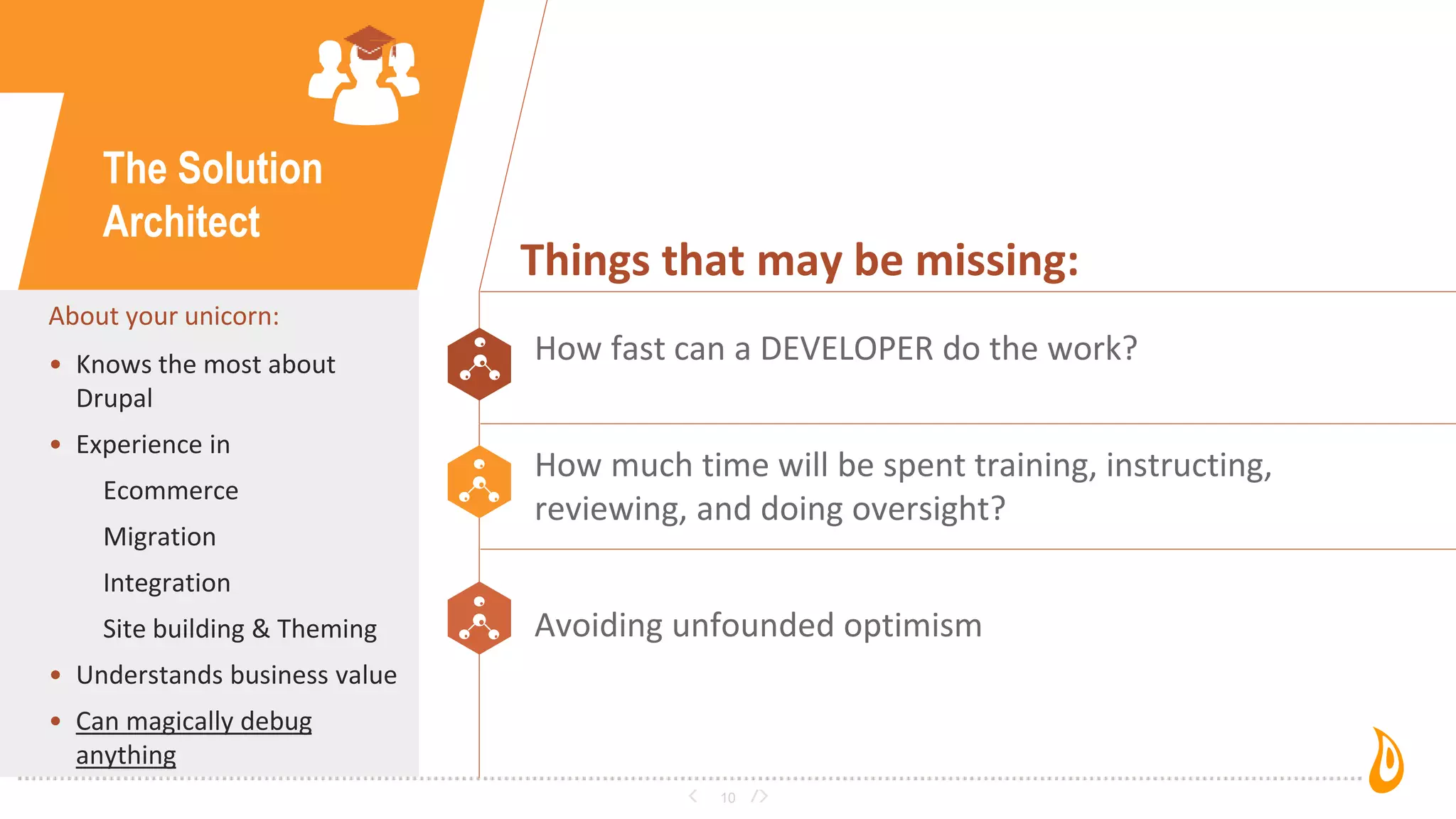 10
The Solution
Architect
About your unicorn:
• Knows the most about
Drupal
• Experience in
Ecommerce
Migration
Integration
Site building & Theming
• Understands business value
• Can magically debug
anything
Things that may be missing:
How fast can a DEVELOPER do the work?
How much time will be spent training, instructing,
reviewing, and doing oversight?
Avoiding unfounded optimism
 