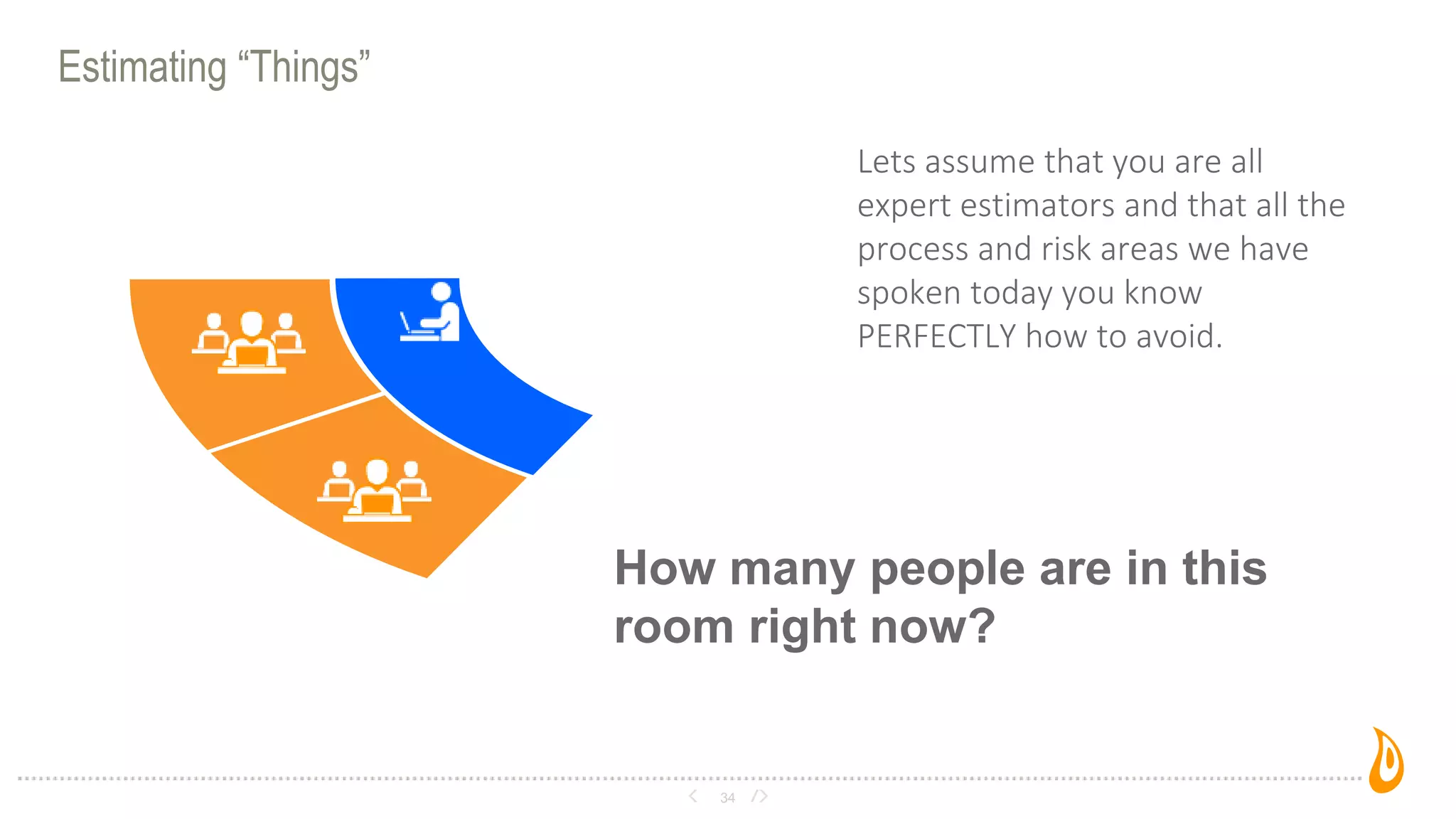 Estimating “Things”
34
Lets assume that you are all
expert estimators and that all the
process and risk areas we have
spoken today you know
PERFECTLY how to avoid.
How many people are in this
room right now?
 