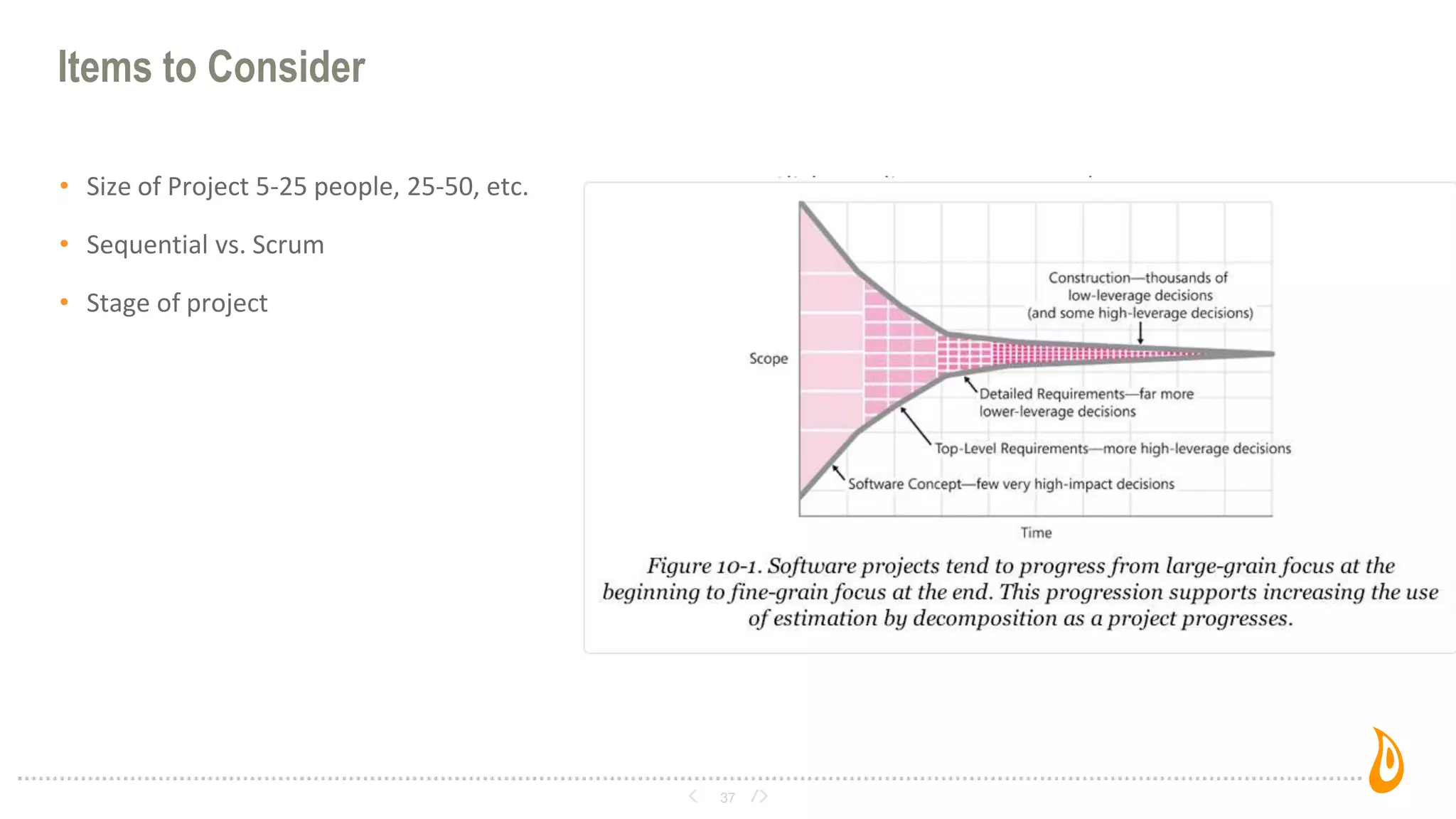 • Click to edit Master text styles
Items to Consider
• Size of Project 5-25 people, 25-50, etc.
• Sequential vs. Scrum
• Stage of project
37
 