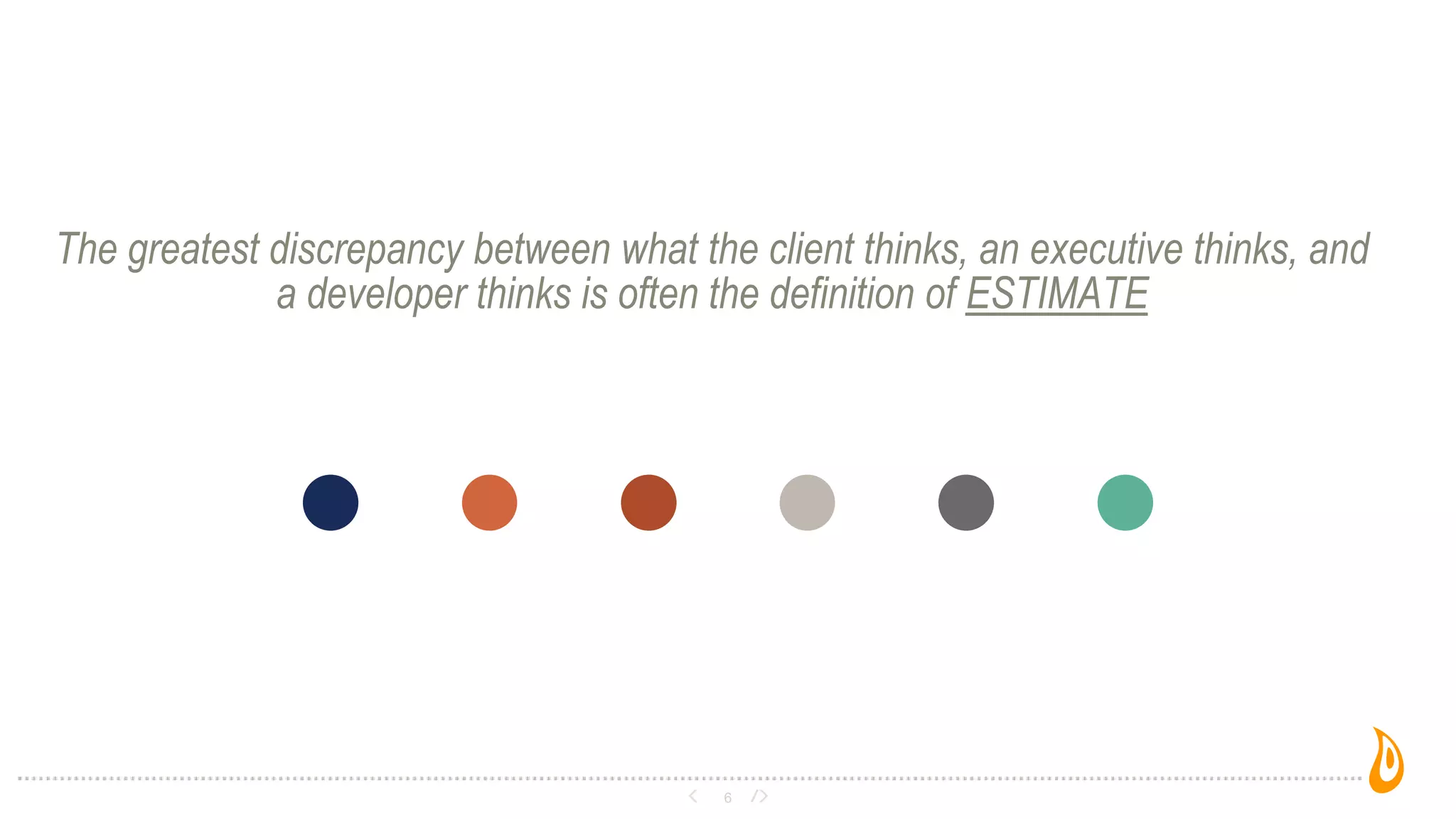 The greatest discrepancy between what the client thinks, an executive thinks, and
a developer thinks is often the definition of ESTIMATE
6
 