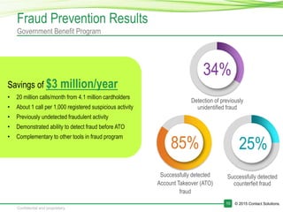© 2015 Contact Solutions.10
Confidential and proprietary.
Fraud Prevention Results
Government Benefit Program
Savings of $3 million/year
• 20 million calls/month from 4.1 million cardholders
• About 1 call per 1,000 registered suspicious activity
• Previously undetected fraudulent activity
• Demonstrated ability to detect fraud before ATO
• Complementary to other tools in fraud program
85%
Successfully detected
Account Takeover (ATO)
fraud
Successfully detected
counterfeit fraud
34%
Detection of previously
unidentified fraud
25%
 