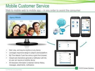 © 2015 Contact Solutions.11
Confidential and proprietary.
Mobile Customer Service
Web to mobile web to mobile app – in any order to assist the consumer
• Start, stop, and resume anytime on any device
• Leverages responsive design to adapt to device/platform
• My:Time detects if user has come or gone from browser
• Closed web interactions generate a notification with link
so user can resume on another device
• All interaction information is retained: Activity History,
messages, attachments, notifications
You have a new
message from
Agent for…click
here to resume
Agency Website
About Agency Services Program Help
 