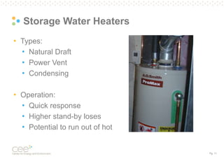 Pg. 11
Storage Water Heaters
• Types:
• Natural Draft
• Power Vent
• Condensing
• Operation:
• Quick response
• Higher stand-by loses
• Potential to run out of hot
 