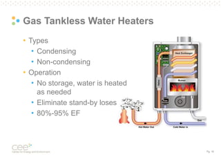 Pg. 16
Gas Tankless Water Heaters
• Types
• Condensing
• Non-condensing
• Operation
• No storage, water is heated
as needed
• Eliminate stand-by loses
• 80%-95% EF
 