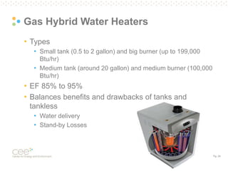 Pg. 24
Gas Hybrid Water Heaters
• Types
• Small tank (0.5 to 2 gallon) and big burner (up to 199,000
Btu/hr)
• Medium tank (around 20 gallon) and medium burner (100,000
Btu/hr)
• EF 85% to 95%
• Balances benefits and drawbacks of tanks and
tankless
• Water delivery
• Stand-by Losses
 
