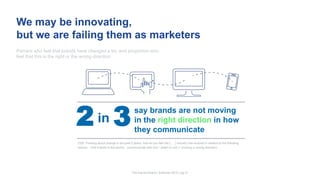 We may be innovating,
but we are failing them as marketers
Q20: Thinking about change in the past 5 years, how do you feel the [ … ] industry has evolved in relation to the following
factors: How brands in this sector…(communicate with me) / (listen to me) // (moving in wrong direction)
Percent who feel that brands have changed a lot, and proportion who
feel that this is the right or the wrong direction:
The Earned Brand | Edelman 2015 | pg 21
say brands are not moving
in the right direction in how
they communicate
in2 3
 