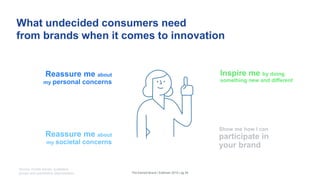 What undecided consumers need
from brands when it comes to innovation
Reassure me about
my personal concerns
Inspire me by doing
something new and different
Show me how I can
participate in
your brand
Reassure me about
my societal concerns
The Earned Brand | Edelman 2015 | pg 29
Statistical analysis of consumer groupings based on their
attitudes to brand innovation, and their risk concerns.
Source: mobile diaries, qualitative
groups and quantitative segmentation
 