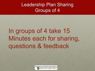 Leadership Plan Sharing
Groups of 4
In groups of 4 take 15
Minutes each for sharing,
questions & feedback
 