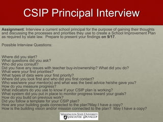 CSIP Principal Interview
Assignment: Interview a current school principal for the purpose of gaining their thoughts
and discussing the processes and priorities they use to create a School Improvement Plan
as required by state law. Prepare to present your findings on 9/17.
Possible Interview Questions:
Where did you start?
What questions did you ask?
Who did you consult?
Did you have any issues with teacher buy-in/ownership? What did you do?
What were your first priorities?
What types of data were your first priority?
Where did you look first and who did you first contact?
Who was/were your mentor(s) and what was the best advice he/she gave you?
How do you measure progress?
What indicators do you use to know if your CSIP plan is working?
What system did you put in place to monitor progress toward your goals?
How do you build on previous work?
Did you follow a template for your CSIP plan?
How are your building goals connected to the plan?May I have a copy?
How is the building vision and/or mission connected to the plan? May I have a copy?
 