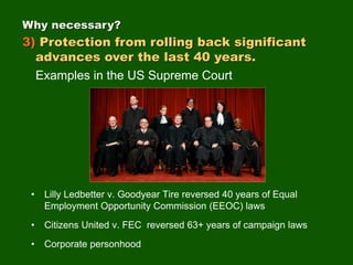 • Lilly Ledbetter v. Goodyear Tire reversed 40 years of Equal
Employment Opportunity Commission (EEOC) laws
• Citizens United v. FEC reversed 63+ years of campaign laws
• Corporate personhood
Why necessary?
3) Protection from rolling back significant
advances over the last 40 years.
Examples in the US Supreme Court
 