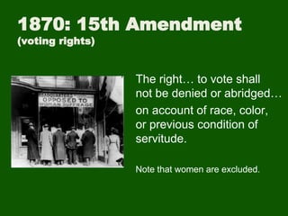 1870: 15th Amendment
(voting rights)
The right… to vote shall
not be denied or abridged…
on account of race, color,
or previous condition of
servitude.
Note that women are excluded.
 