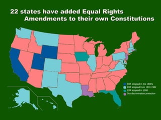 22 states have added Equal Rights
Amendments to their own Constitutions
ERA adopted in the 1800’s
ERA adopted from 1972-1982
ERA adopted in 1998
Sex discrimination protection
 
