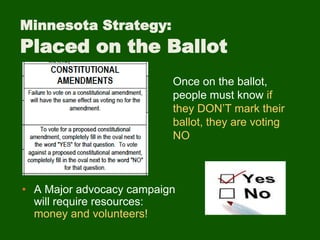 Minnesota Strategy:
Placed on the Ballot
• A Major advocacy campaign
will require resources:
money and volunteers!
Once on the ballot,
people must know if
they DON’T mark their
ballot, they are voting
NO
 