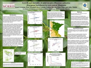 Growth and mortality of adult invasive Rhamnus cathartica
(European buckthorn) in west central Minnesota
Heidi Swanson, Peter Wyckoff, Drew Larson, Caitlyn Horsch, Ellen Titus, and Abby Mallek
Division of Science and Mathematics, University of Minnesota, Morris
Literature cited
Kurtz, C.M. 2010. Effects of site and climate characteristics on forest invasibility by non-native
plants in the Midwest. Masters Thesis, University of Minnesota.
Potter, R, S. Smidt, H. Lindquist and P. Wyckoff. 2012. Impact of climate on growth of Acer
saccharum (sugar maple) at the prairie-forest border in western Minnesota. ESA annual
meeting, Portland, OR.
Wyckoff PH, Bowers R. 2010. Response of the prairie-forest border to climate change: impacts of
increasing drought may be mitigated by increasing CO2. Journal of Ecology 98: 197-208.
Wyckoff, P. H. and J. S. Clark. 2000. Predicting tree mortality from diameter growth: a
comparison of approaches. Can. J. of Forest Research 30(1): 156-167
Introduction
Projections show Minnesota climate becoming an
analog to contemporary Kansas in the summer and
Illinois in the winter by the end of the 21st century.
This predicted change leads to questions regarding
how forest extent and composition in western
Minnesota might respond.
Previous research reveals a paucity of recruitment
for native tree species at several forest sites along
the prairie-forest ecotone in western Minnesota.
Recruitment of invasive Rhamnus cathartica
(European buckthorn), on the other hand, is quite
robust. Recently we reported preliminary results
for an ongoing seedling transplant experiment
which suggest that while R. cathartica is less
sensitive to deer browsing compared to native
species in our ecotonal forests, growth of R.
cathartica seedlings and saplings is highly sensitive
to summer drought.
Here we extend that work into larger size classes
via tree ring analysis of naturally established R.
cathartica at three sites along a climate gradient.
We place our results in context through comparison
with other recent work we have done on two native
canopy species from the same region: Quercus
macrocarpa (bur oak; Wyckoff and Bowers 2010) and Acer
saccharum (sugar maple; Potter et al. 2012).
Acknowledgements
Funding for the project was provided by NSF/DEB Grant # 1019451 and the. Morris-HHMI Summer
Undergraduate Research program, which is supported by a grant to the University of Minnesota, Morris from
the Howard Hughes Medical Institute through the Precollege an Undergraduate Science Education Program.
We would like to thank J. Aday and S. Schuldt for help collecting and measuring tree ring samples from our
NLP site.
Methods
We used increment cores obtained from adult R.
cathartica at three sites (Fig. 2)
Cores were measured and crossdated using
COFECHA. Detrending using the hugershoff equation
was implemented in ARSTAN. We obtained regional
Palmer Drought Severity Index (PDSI) climate data
from NOAA. Statistical analyses were conducted in R.
Growth-mortality equations were calculated using a
second set of tree rings from our Niemackl Lake Park
(NLP) (methods from Wyckoff and Clark (2000)). Growth rate
distributions were scaled to underlying mortality rates
based on a permanent plot data and a survey of the
buckthorn population at NLP.
Results/Discussion
R. cathartica growth is strongly negatively correlated
with summer drought (Fig. 2), despite little canopy
exposure.
Understory trees are usually avoided in tree-ring
climate studies because of dampened climate
response, but adult R. cathartica showed more
drought sensitivity than either canopy Q. macrocarpa
or A. saccharum for our study region (not shown).
Dead R. cathartica individuals >5 cm DBH exhibited a
strong growth decline prior to death lasting 7-8 years
and corresponding to > 60% reduced ring width
compared to surviving R. cathartica (Fig. 3).
Dead individuals <5 cm DBH exhibited much less
growth decline prior to death and actually grew >50%
faster in their first 10 years of growth than survivors.
Thus, fast growing small R. cathartica are seemingly
at a higher risk of mortality, but the pattern reverses
for those individuals reaching larger sizes (Fig. 4).
Previous work shows that mortality risk for Q.
macrocarpa remains negligible even at very low
growth rates, which should provide resilience in the
face of warming-induced droughts. R. cathartica,
however, is more threatened by growth reductions
expected in a warmer, drier future (Fig. 5).
)
Old da ta and recent data
Fig. 1. R. cathartica occurrence
in Phase 2 FIA plots
(Figure: Kurtz 2010)
Old da ta and recent data
0
0.5
1
1.5
2
2.5
-10 -5 0 5
Detrendedgrowthrate
PDSI
Sibley State Park
Old da ta and recent data
Fig. 2. (A) Study site locations near the pre-
settlement prairie-forest border. (B-D) slope of
regression relating growth to drought increases from
north to south, indicating increasing drought
sensitivity (ANCOVA shows significant differences
between Ginseng Road Farm and Niemackl Lake
Park, p=0.013)
2A.
2B. R. cathartica growth declines with
increasing drought ….
2C. … Slope of response increases….
2D. … from north to south.
Fig. 3. Growth decline precedes death for R.
cathartica
0
0.2
0.4
0.6
0.8
1
1.2
1.4
1.6
-10 -5 0 5 10
DetrendedGrowthRate
PDSI
Ginseng Road Farm
Gr = 0.023 * July PDSI + 0.90
r = 0.36
0
0.2
0.4
0.6
0.8
1
1.2
1.4
1.6
-10 -5 0 5 10
DetrendedGrowthRate
PDSI
Niemackl Lake Park
Gr = 0.030 * July PDSI + 0.97
r = 0.53
0
0.2
0.4
0.6
0.8
1
1.2
1.4
1.6
-10 -5 0 5 10
DetrendedGrowthRate
PDSI
Monson Lake State Park
Gr = 0.045 * July PDSI + 0.92
r = 0.46
0
0.2
0.4
0.6
0.8
1
1.2
1.4
1.6
1.8
0 5 10 15
Lifetimeavggrowth(mm)
DBH (cm)
Dead
Live
0
0.2
0.4
0.6
0.8
1
1.2
1.4
1.6
1.8
1995 2000 2005 2010 2015
RingWidth(mm)
Live
Dead
0
0.2
0.4
0.6
0.8
1
0 0.2 0.4 0.6 0.8 1 1.2 1.4 1.6 1.8
Probabilityofmortality
Average annual growth (most recent five years)
Fig. 5. Non-parametric fitted growth
mortality-functions for R. cathartica and
Q. macrocarpa (Bur Oak )
RHCA
QUMA
Fig.4. Small R. cathartica that live fast,
die young
DRY WET
DRY WET
DRY WET
 