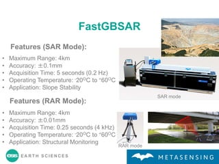 EA R T H S C I E N C E S
FastGBSAR
Features (SAR Mode):
• Maximum Range: 4km
• Accuracy: ±0.1mm
• Acquisition Time: 5 seconds (0.2 Hz)
• Operating Temperature: -20OC to +60OC
• Application: Slope Stability
Features (RAR Mode):
• Maximum Range: 4km
• Accuracy: ±0.01mm
• Acquisition Time: 0.25 seconds (4 kHz)
• Operating Temperature: -20OC to +60OC
• Application: Structural Monitoring
RAR mode
SAR mode
 