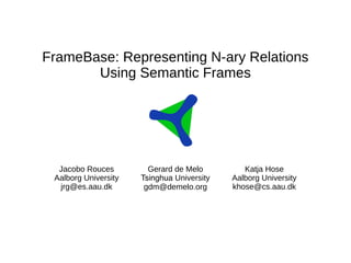 FrameBase: Representing N-ary Relations
Using Semantic Frames
Jacobo Rouces
Aalborg University
jrg@es.aau.dk
Gerard de Melo
Tsinghua University
gdm@demelo.org
Katja Hose
Aalborg University
khose@cs.aau.dk
 