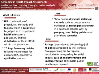 http://www.cuteheart.med.up.pt
Disclosures: Nothing to disclose. Funded by FCT, QREN, COMPETE (HMSP-ICT/0013/2011)
For further information, please contact:
LNICOLAU@MEDICINA.ULISBOA.PT
Screening in Health Impact Assessment:
easier decision making through cluster analysis
Bacelar-Nicolau L (1), Pereira Miguel J (1), SaportaG (2)
(1) IPM&PH and ISAMB, Faculty of Medicine, Universidade de Lisboa, Portugal (2) Lab. CEDRIC, CNAM, Paris, France
What is known
″ HIA: combination of
procedures, methods and
tools by which a policy may
be judged as to its potential
health effects on a
population, and the
distribution of these effects
within that population.
″ 1st Step: Screening policies
to identify candidates for
applying HIA, generally a
qualitative process.
Aim
″ Show how multivariate statistical
methods such as cluster analysis
may helps us screen policies for HIA
in a quick and reliable way, by
grouping, shortlisting policies and
prioritizing scenarios
Data
″ Ratings (1-Very low to 10-Very high) of
76 policies proposed by the Technical
Group planning the Portuguese
hospital reform regarding Potential
impact, Ease of implementation and
Implementation costs (2011 public
health experts panel)
 