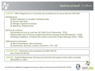 Hotline en bref : 3 offres
Ces activités, sont déployées en Engagements de moyens, Forfaits et Centres de Services Mutualisés EX et IN SITU
DELTA : Offre Infogérance sur l’ensemble des prestations et du savoir-faire de HOTLINE :
Infogérance :
 MCO (Maintien en Condition Opérationnelle)
 Service Help Desk,
 Pilotage et gestion de projets,
 Migrations, Déploiements,
Choix de solutions :
Evaluation du cout du cycle de Vie (Total Cost of Ownership : TCO)
Optimisation des Processus d’approvisionnement (Supply Chain Management : SCM)
Pilotage budgétaire, et Gestion des actions correctives (Project Manager Office : PMO)
Maintenance Hardware :
 Micro-Informatique, (lap et Desktop)
 Imprimantes, Serveurs, Lecteurs code barre, TPV, TPE
ALTER EGO : Déclinaison des prestations de l’Offre DELTA
en Centre de Service
KIOSK : Support téléphonique, Services de proximité informatique et des outils connectés
Payables au Jeton
 