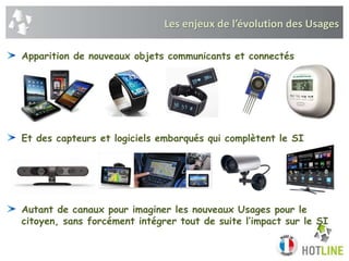 Les enjeux de l’évolution des Usages
Apparition de nouveaux objets communicants et connectés
Et des capteurs et logiciels embarqués qui complètent le SI
Autant de canaux pour imaginer les nouveaux Usages pour le
citoyen, sans forcément intégrer tout de suite l’impact sur le SI
 