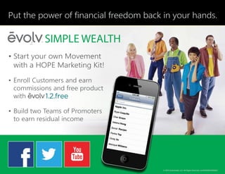 Put the power of financial freedom back in your hands.
•	Start your own Movement
with a HOPE Marketing Kit!
•	Enroll Customers and earn
commissions and free product
with
•	Build two Teams of Promoters
to earn residual income
© 2015 EvolvHealth, LLC. All Rights Reserved. rev20150305USENSGC
 