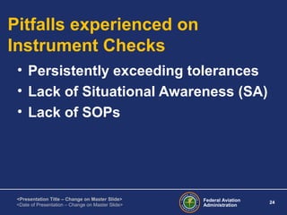 Federal Aviation
Administration
24
<Presentation Title – Change on Master Slide>
<Date of Presentation – Change on Master Slide>
Pitfalls experienced on
Instrument Checks
• Persistently exceeding tolerances
• Lack of Situational Awareness (SA)
• Lack of SOPs
 
