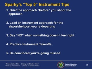 Federal Aviation
Administration
29
<Presentation Title – Change on Master Slide>
<Date of Presentation – Change on Master Slide>
Sparky’s “Top 5” Instrument Tips
1. Brief the approach “before” you shoot the
approach
2. Load an instrument approach for the
airport/heliport you’re departing
3. Say “NO” when something doesn’t feel right
4. Practice Instrument Takeoffs
5. Be convinced you’re going missed
 