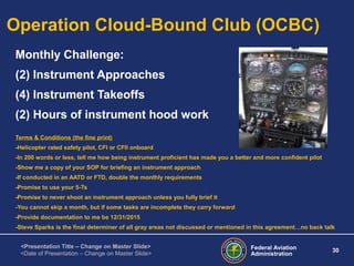 Federal Aviation
Administration
30
<Presentation Title – Change on Master Slide>
<Date of Presentation – Change on Master Slide>
Operation Cloud-Bound Club (OCBC)
Monthly Challenge:
(2) Instrument Approaches
(4) Instrument Takeoffs
(2) Hours of instrument hood work
Terms & Conditions (the fine print)
-Helicopter rated safety pilot, CFI or CFII onboard
-In 200 words or less, tell me how being instrument proficient has made you a better and more confident pilot
-Show me a copy of your SOP for briefing an instrument approach
-If conducted in an AATD or FTD, double the monthly requirements
-Promise to use your 5-Ts
-Promise to never shoot an instrument approach unless you fully brief it
-You cannot skip a month, but if some tasks are incomplete they carry forward
-Provide documentation to me be 12/31/2015
-Steve Sparks is the final determiner of all gray areas not discussed or mentioned in this agreement…no back talk
 