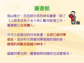 圖書館
張sir推介：范老師分享的40本圖書，除了
《人原來沒有十全十美》斷市缺貨之外，
圖書館已全部購入。
今天小息推出的33本新書，全部已被同學
借走，至於昨天周會同學填寫的預約表，
總預約冊數更超越1300本！
感謝同學支持，圖書館將因應狀況添置複本。
 