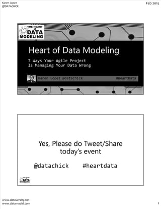 Karen Lopez
@DATACHICK
Feb 2015
www.dataversity.net
www.datamodel.com 1
Karen Lopez @datachick #HeartData
Heart of Data Modeling
7 Ways Your Agile Project
Is Managing Your Data Wrong
Yes, Please do Tweet/Share
today’s event
@datachick #heartdata
 