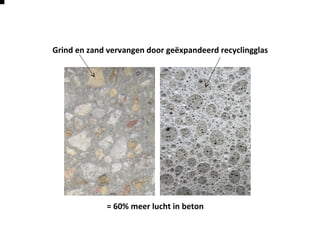 Grind en zand vervangen door geëxpandeerd recyclingglas
= 60% meer lucht in beton
 
