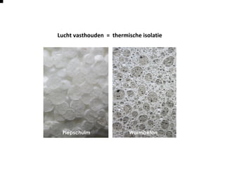 Lucht vasthouden = thermische isolatie
Piepschuim Warmbeton
 