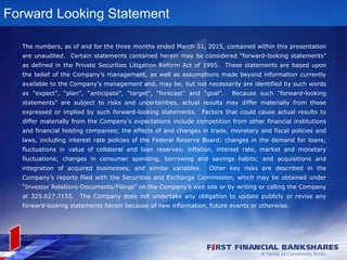 Forward Looking Statement
The numbers, as of and for the three months ended March 31, 2015, contained within this presentation
are unaudited. Certain statements contained herein may be considered “forward-looking statements”
as defined in the Private Securities Litigation Reform Act of 1995. These statements are based upon
the belief of the Company’s management, as well as assumptions made beyond information currently
available to the Company’s management and, may be, but not necessarily are identified by such words
as “expect”, “plan”, “anticipate”, “target”, “forecast” and “goal”. Because such “forward-looking
statements” are subject to risks and uncertainties, actual results may differ materially from those
expressed or implied by such forward-looking statements. Factors that could cause actual results to
differ materially from the Company’s expectations include competition from other financial institutions
and financial holding companies; the effects of and changes in trade, monetary and fiscal policies and
laws, including interest rate policies of the Federal Reserve Board; changes in the demand for loans;
fluctuations in value of collateral and loan reserves; inflation, interest rate, market and monetary
fluctuations; changes in consumer spending, borrowing and savings habits; and acquisitions and
integration of acquired businesses, and similar variables. Other key risks are described in the
Company’s reports filed with the Securities and Exchange Commission, which may be obtained under
“Investor Relations-Documents/Filings” on the Company’s web site or by writing or calling the Company
at 325.627.7155. The Company does not undertake any obligation to update publicly or revise any
forward-looking statements herein because of new information, future events or otherwise.
 