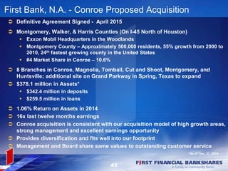 43
First Bank, N.A. - Conroe Proposed Acquisition
 Definitive Agreement Signed - April 2015
 Montgomery, Walker, & Harris Counties (On I-45 North of Houston)
 Exxon Mobil Headquarters in the Woodlands
 Montgomery County – Approximately 500,000 residents, 55% growth from 2000 to
2010, 24th fastest growing county in the United States
 #4 Market Share in Conroe – 10.6%
 8 Branches in Conroe, Magnolia, Tomball, Cut and Shoot, Montgomery, and
Huntsville; additional site on Grand Parkway in Spring, Texas to expand
 $378.1 million in Assets*
 $342.4 million in deposits
 $259.5 million in loans
 1.06% Return on Assets in 2014
 16x last twelve months earnings
 Conroe acquisition is consistent with our acquisition model of high growth areas,
strong management and excellent earnings opportunity
 Provides diversification and fits well into our footprint
 Management and Board share same values to outstanding customer service
*As of Dec. 31, 2014
 