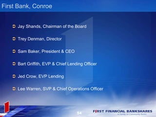 First Bank, Conroe
 Jay Shands, Chairman of the Board
 Trey Denman, Director
 Sam Baker, President & CEO
 Bart Griffith, EVP & Chief Lending Officer
 Jed Crow, EVP Lending
 Lee Warren, SVP & Chief Operations Officer
54
 