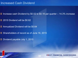 Increased Cash Dividend
 Increase cash Dividend by $0.02 to $0.16 per quarter – 14.3% increase
 2015 Dividend will be $0.62
 Annualized Dividend will be $0.64
 Shareholders of record as of June 16, 2015
 Dividend payable July 1, 2015
69
 
