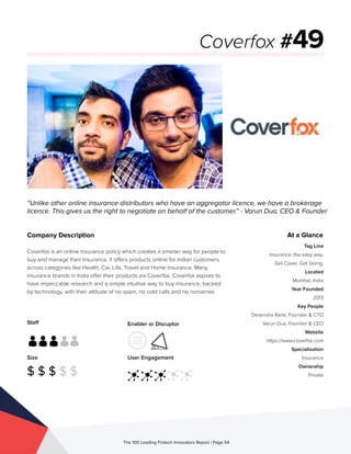 Staff
Size
$ $ $ $ $
Enabler or Disruptor
User Engagement
The 100 Leading Fintech Innovators Report | Page 54
Company Description
Coverfox is an online insurance policy which creates a smarter way for people to
buy and manage their Insurance. It offers products online for Indian customers
across categories like Health, Car, Life, Travel and Home Insurance. Many
insurance brands in India offer their products via Coverfox. Coverfox aspires to
have impeccable research and a simple intuitive way to buy insurance, backed
by technology, with their attitude of no spam, no cold calls and no nonsense.
“Unlike other online insurance distributors who have an aggregator licence, we have a brokerage
licence. This gives us the right to negotiate on behalf of the customer.” - Varun Dua, CEO & Founder
Coverfox #49
At a Glance
Tag Line
Insurance, the easy way.
Get Cover. Get Going.
Located
Mumbai, India
Year Founded
2013
Key People
Devendra Rane, Founder & CTO
Varun Dua, Founder & CEO
Website
https://www.coverfox.com
Specialisation
Insurance
Ownership
Private
 