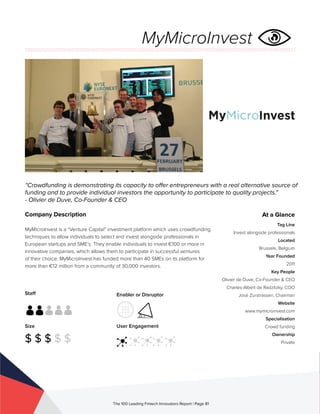 Staff
Size
$ $ $ $ $
Enabler or Disruptor
User Engagement
The 100 Leading Fintech Innovators Report | Page 81
Company Description
MyMicroInvest is a “Venture Capital” investment platform which uses crowdfunding
techniques to allow individuals to select and invest alongside professionals in
European startups and SME’s. They enable individuals to invest €100 or more in
innovative companies, which allows them to participate in successful ventures
of their choice. MyMicroInvest has funded more than 40 SMEs on its platform for
more than €12 million from a community of 30,000 investors.
“Crowdfunding is demonstrating its capacity to offer entrepreneurs with a real alternative source of
funding and to provide individual investors the opportunity to participate to quality projects.”
- Olivier de Duve, Co-Founder & CEO
At a Glance
Tag Line
Invest alongside professionals
Located
Brussels, Belgium
Year Founded
2011
Key People
Olivier de Duve, Co-Founder & CEO
Charles-Albert de Radzitzky, COO
José Zurstrassen, Chairman
Website
www.mymicroinvest.com
Specialisation
Crowd funding
Ownership
Private
MyMicroInvest
 