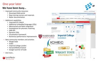 One year later
We have been busy…
• Improved community resources
• Revamped Web portal
• New training courses and materials
• Better documentation
• Additional capabilities
• Improved ECL Watch
• Additional embedded languages (CQL)
• Memcached and Redis integration
• Dmetaphone for phonetic matching
• JAVA API
• Dynamic ESDL
• Visualization framework
• Numerous performance improvements
• New community members and activities
• Wright State
• ICHEC
• Imperial College London
• Harvard Medical School
• Google Summer of Code
• And more…
4
 