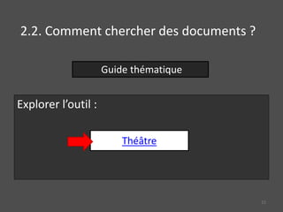 Explorer l’outil :
2.2. Comment chercher des documents ?
Guide thématique
Théâtre
22
 