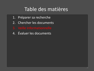 Table des matières
1. Préparer sa recherche
2. Chercher les documents
3. Veille informationnelle
4. Évaluer les documents
27
 