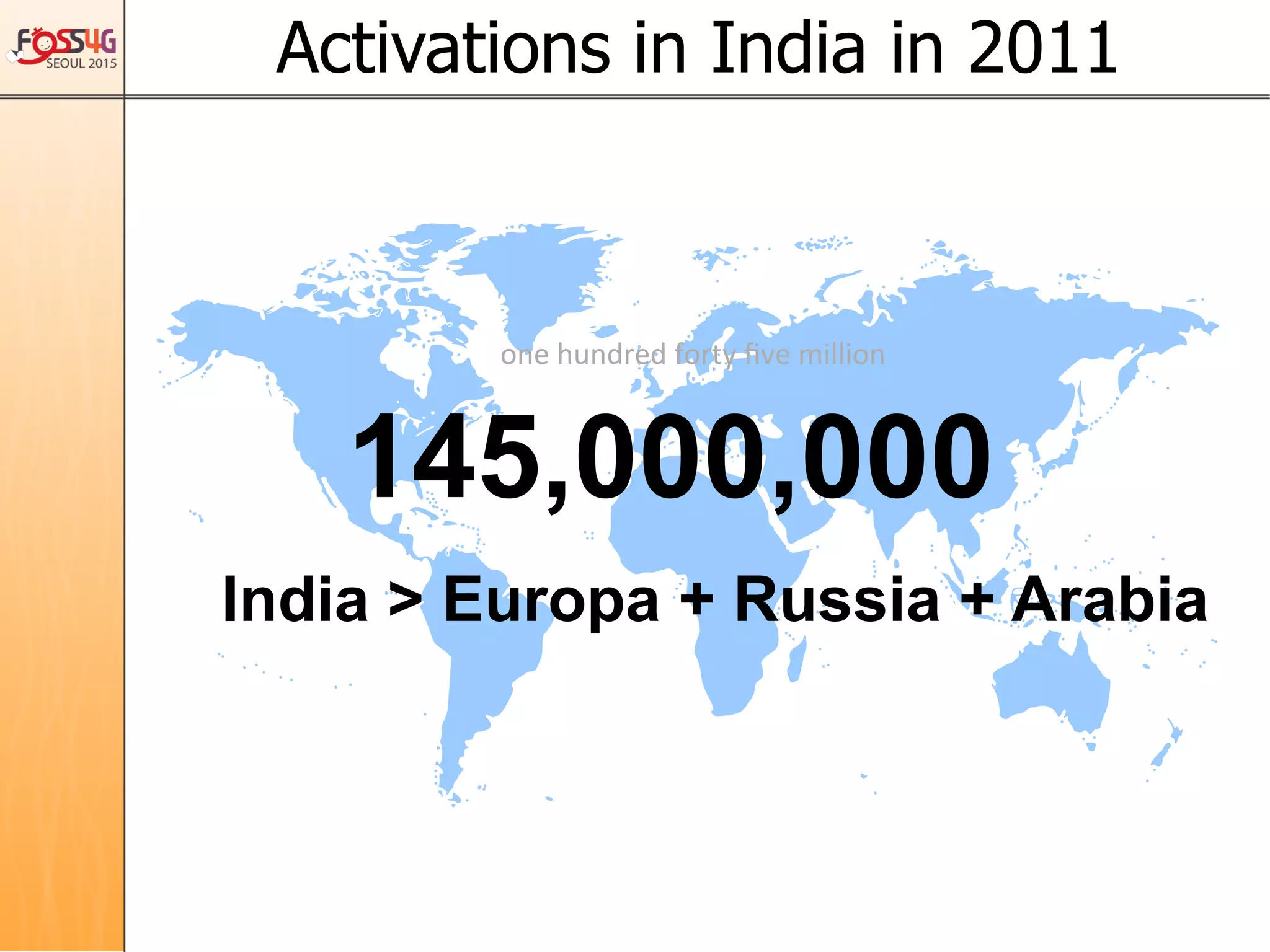 Activations in India in 2011	
145,000,000	
India > Europa + Russia + Arabia	
one	
  hundred	
  forty	
  ﬁve	
  million	
 