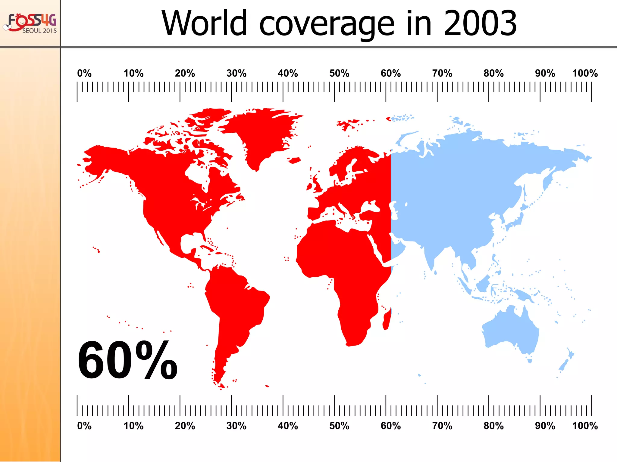 10% 20% 30% 40% 50% 60% 70% 80% 90%
10% 20% 30% 40% 50% 60% 70% 80% 90%0% 100%
0% 100%
World coverage in 2003	
60%	
 