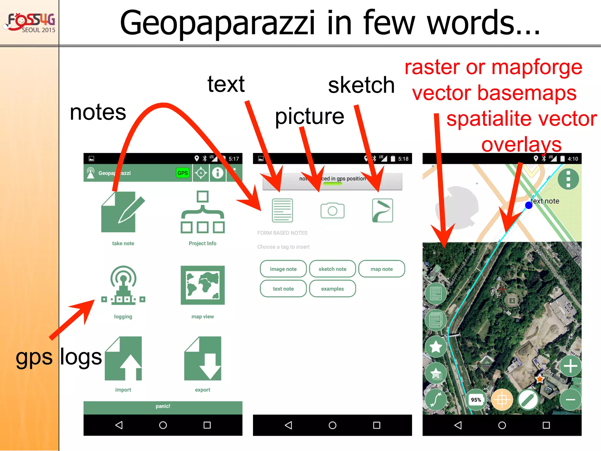 Geopaparazzi in few words…	
gps logs	
notes	
text	
picture	
sketch	
raster or mapforge
vector basemaps
spatialite vector
overlays	
 